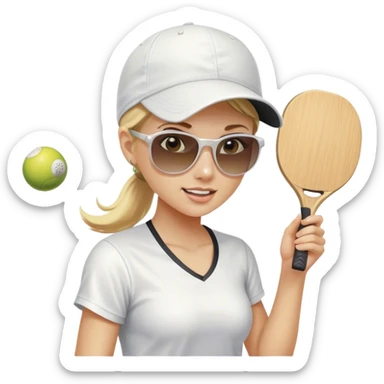 Girl with blond hair in a ponytail wearing a white baseball cap and sunglasses playing pickleball sticker