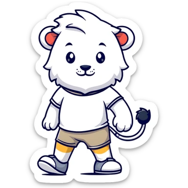 retro 1930s anthropomorphised lion in a t-shirt and shorts walking, grayscale sticker