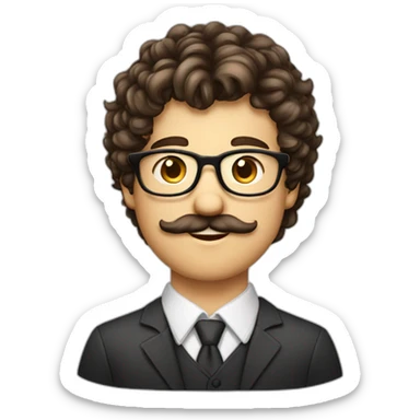 jeune homme cheveux long bouclé et brun, fine lunette et moustache sticker