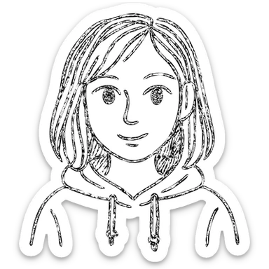 designer girl with blue eyes, shoulder-length brown hair with blonde streaks, black hoodie sticker