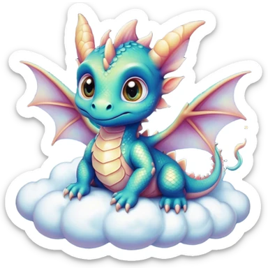 Airbrush painted image of an adorable little baby dragon with large glistening eyes sitting on a cloud under a deep galactic sky with pearlescent scales and wings spread against the stars sticker