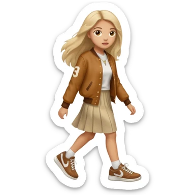 black color, light skin  long hair girl with brown varsity jacket and long skirt walking  sticker