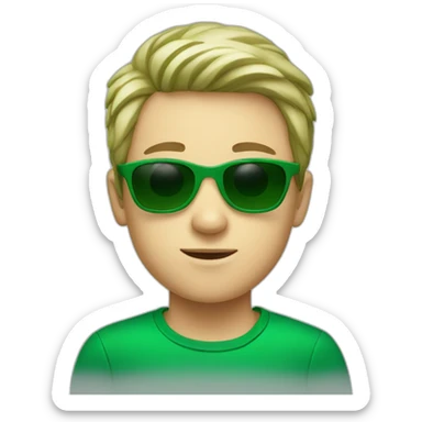 A young white boy with green cloth and green sunglasses sticker