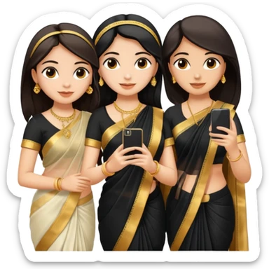 Three girls taking selfie one is wearing white saree second is wearing golden saree and the third is wearing black saree sticker