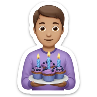 Make a white man with brown hair wearing a shirt that says happy b day Virginia holding a blueberry muffin with a birthday candle in it. Have him holding multiple muffins and no candles in hand. Have him wearing a purple shirt. He should still be a white guy in a light purple shirt sticker
