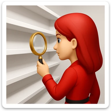 emoji of white empty shelf in perspective view with a standing woman nearby, she is looking at the shelfs with a magnifying glass, she is turned to the shelfs, emoji style, woman wearing a red dress, adjust the perspective to be more dramatic sticker