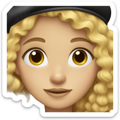 blonde, curly haired girl with grey eyes and freckles, wearing a black beret.  sticker