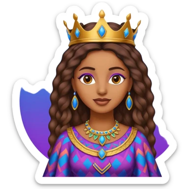Create me an emoji of a beautiful Ethiopian Queen of Sheba wearing a neon purple and blue gradient African patterns. sticker