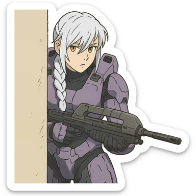 female, wearing reach spartan armor default, long white braid hair with massive messy front side single bangs, gold yellow eyes, attention pose, HALO:series, no helmet, the armor is lavender color scheme, shoulder pad off. DDD bust size fitting. Punk gothic cyberpunk, peeking around a corner wall brandishing a classic halo1 AR sticker