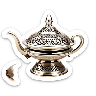 A luxurious Arabian incense burner (mabkhara) elegantly releasing swirling trails of oud or bakhoor smoke, creating a warm and mystical atmosphere. The intricately designed silver burner, placed on a polished tray, exudes opulence and tradition.  sticker