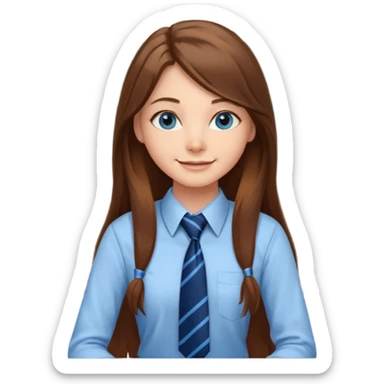 high school class room with a pretty female high school student with long brown hair, blue eyes, wearing a tie, sitting in front of the blackboard sticker