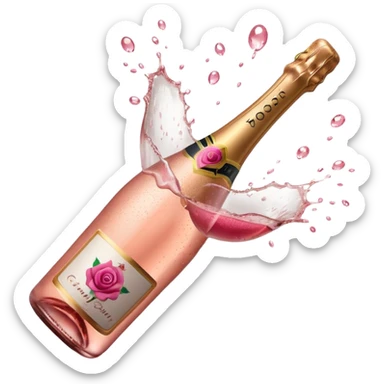 bottle of sparkling rosé champagne with a rose logo on the label, with the cork exploding out from the top, tilted up and to the left, no glass sticker