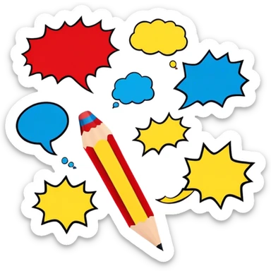 Create a vibrant and dynamic emoji representing comic books and graphic novels as an art form. The design should feature a comic book page with panels and speech bubbles, showcasing bold lines and vibrant colors. Include elements like a pencil or pen, as well as a superhero icon or an action scene to symbolize storytelling through visuals. Use bright, energetic colors like red, blue, and yellow to convey excitement and creativity. The overall design should feel playful, creative, and artistic. Make the background transparent. sticker