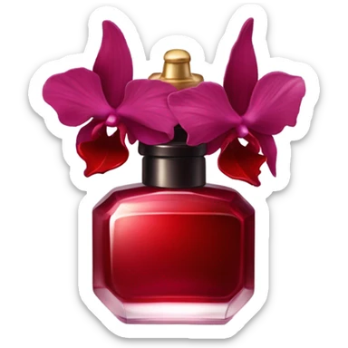 Dark red elegant perfume bottle with red orchids and a red butterfly sticker