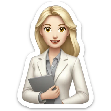 pale skin woman interior designer with cold blonde middle length hair, gray eyes, White classical jacket, blouse, Gray skirt holding a color palette in the hands sticker