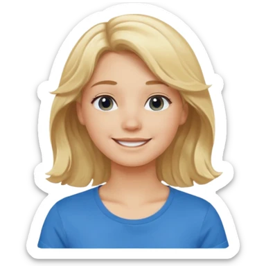 Happy blond girl with light weavy hair with a blue shirt but we can see only her face and neck and the top of the t shirt, no whole body sticker