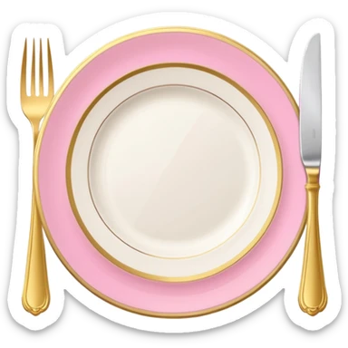 A luxurious plate with pink accents and elegant details, fork and knife on side sticker