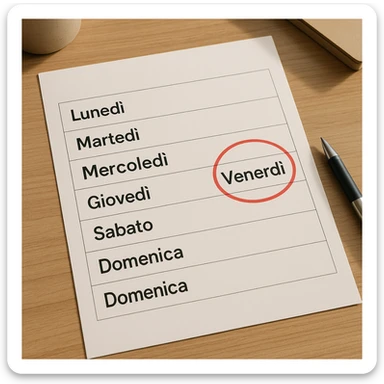 weekly calendar sheet viewed from above, days written in Italian from Monday to Sunday, Friday circled in red, hyperrealistic style, 4K details, desk atmosphere sticker