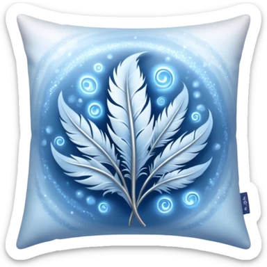 enchanted pillow radiating cool silver and blue light, misty swirls and sparkling feathers, frost aura and magical energy supporting peaceful dreamy sleep, symbolizing pain relief and comfort sticker