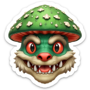 poisonous mushroom beast portrait, head and shoulders only, wolf-like face, mushroom cap growths on head, glowing green spores, sharp teeth, fantasy animal monster style, 3D cartoon, mobile game icon style, clean background, no text, no watermark

 sticker