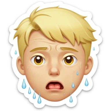 The image depicts a young man with yellow-toned skin and blond hair. His face looks extremely exhausted, with his tongue sticking out and large sweat drops running down his forehead and cheeks. His expression and posture convey intense heat and discomfort. sticker