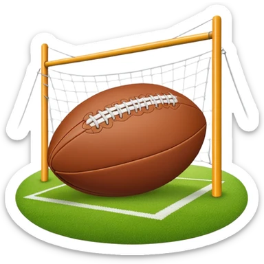 A rugby ball resting on a grassy field, with goalposts in the background. The scene captures the essence of the sport, with the field clearly marked and ready for a game, highlighting the intensity and teamwork of rugby. sticker