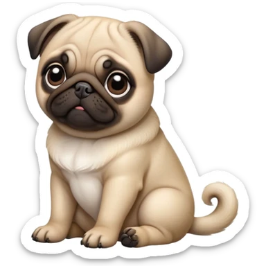detailed-[cute pug]-realistic-full-body-sitting-emoji,-tail-resting-loosely-beside-its-paws,-head-tilted-dramatically, -sleek-fur,-simplified-yet-realistic-focused-features,-highly-detailed,-glowing-with-an-almost-sarcastic-glow sticker