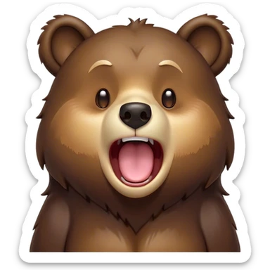 Cinematic Cute Yawning Bear Portrait Emoji, Head tilted slightly with a dramatic, wide-open yawn, showcasing a soft, plush dark brown fur with drooping ears, round eyes barely open in drowsy contentment, Simplified yet irresistibly adorable features, highly detailed, glowing with a soft, cozy glow, high shine, relaxed yet expressive, stylized with a touch of woodland charm, bright and endearing, soft glowing outline, capturing the essence of a sleepy yet affectionate bear, so drowsy it feels like it could lumber out of the screen and curl up for a nap! sticker