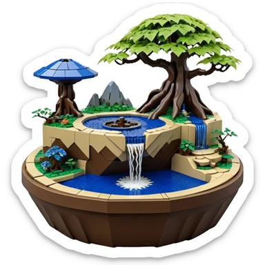 Alien saucer jungle-vines Lego fountain mountain-island landscape antique mudman very old broken cracked intricate Stone Age lapis-crusted irregular dodecagon-shaped shallow dark moss rough bark blue serissa flowered maple tree bonsai pot sticker