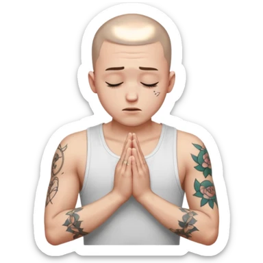 A 20 year old white man with a buzz cut and tattoos all over his arms and chest. Pleading face with hands praying wearing a white tanktop sticker