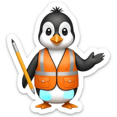 worker penguin wearing orange west holding a ruler sticker