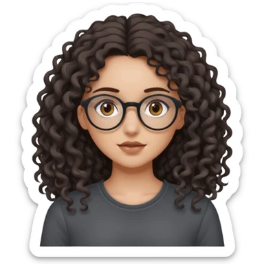 aesthetic white girl with dark brown, long curly hair, she wears a dark grey top and narrow round brown glasses and her eyes are black sticker