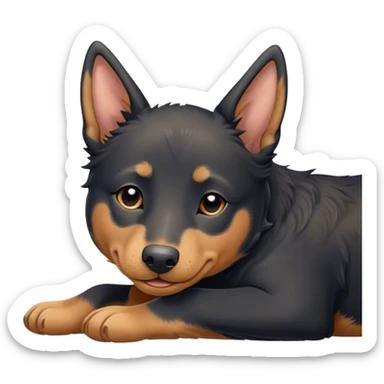 Meme-Worthy Cute Sleeping Black and Tan Kelpie Portrait Emoji, Head resting peacefully with a contented smile, showcasing a delightfully agile build and a luxuriously soft black and tan Fur, eyes shut in a serene nap, Simplified yet hilariously adorable features, highly detailed, glowing with a soft, drowsy light, high shine, relaxed and utterly lovable, stylized with an air of playful laziness, bright and heartwarming, soft glowing outline, capturing the essence of a comically sleepy herder, so meme-worthy it feels like it could instantly become the next viral sensation of adorable slumber! sticker