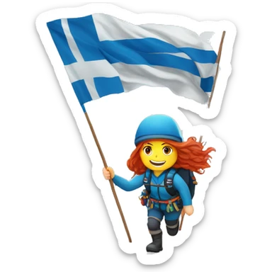 Female winter mountaineer red hair white skin climbing with Greek Flag and Easter eggs basket sticker