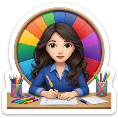 female dark wavy long hair graphic designer , big color wheel behind , pens, papers, desktop sticker