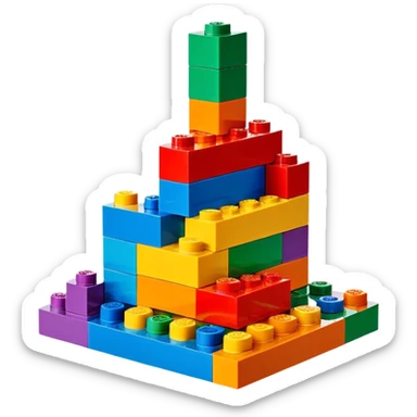 A photorealistic icon featuring colorful LEGO bricks in the process of being assembled into a structure, with a few partially built pieces. bright design, detailed textures of the bricks and the building process, capturing the creativity and fun of LEGO construction. Transparent background. sticker