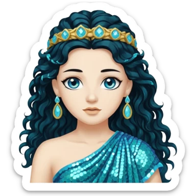 Salacia, Goddess of Seawater from Roman Deities with long jet black wavy hair, aquamarine sequin toga  sticker