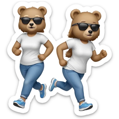 friendly anthropomorphised female bear in jeans and a t-shirt, wearing dark sunglasses, jogging upright in relaxed pose sticker