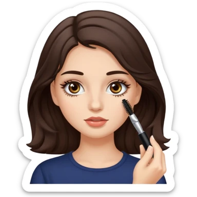 Garota branca de cabelos levemente ondulados castanhos escuros médio aplicando máscara de cílios sticker
