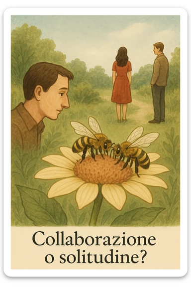 Vertical format: A man watching two bees working together on a flower, while a human couple is each on their own, with Italian text: 'Collaborazione o solitudine?'. sticker
