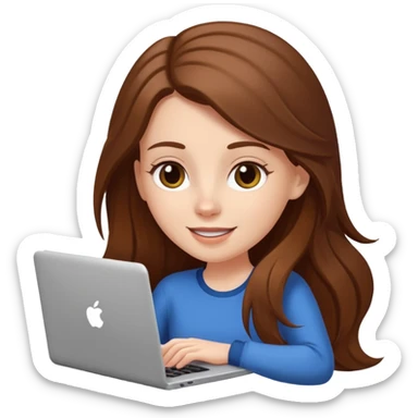white girl with long brown hair using a laptop, cheerful sticker