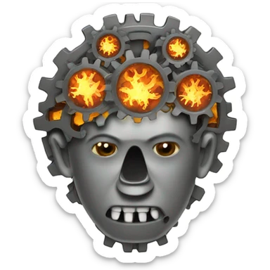 A brain made out of gears with flames licking out from between the gears sticker