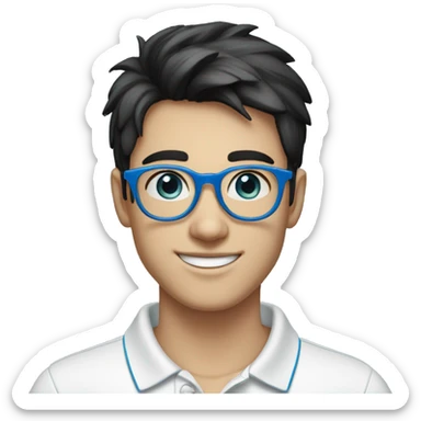 happy young man in his 20s, with black hair, blue eyes and light blue round glasses, white polo shirt with blue collar sticker