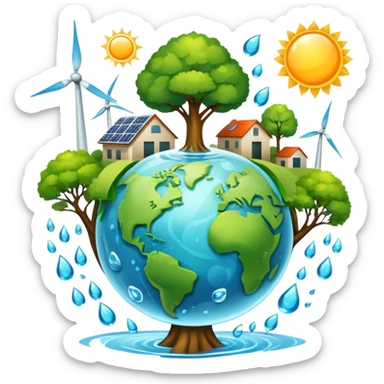 An icon featuring a green Earth, a tree, recycling symbols, and renewable energy sources like wind turbines, solar panels, and hydropower. The design includes animals, water droplets, and the sun, representing ecology, sustainable energy, and environmental protection. Transparent background. sticker