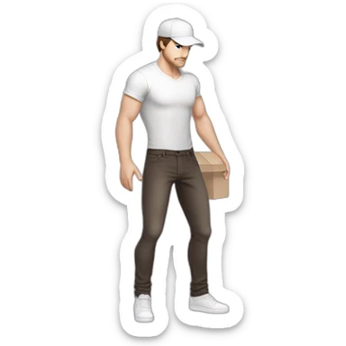 Pale skinned fit Man with dark brown hair in a light gray cap, dark brown jeans, brown polo and white T-shirt keeping a pasted with tape white box into his hands sticker