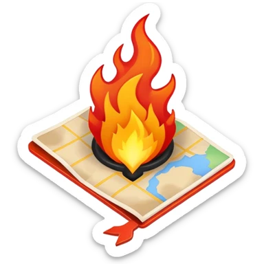 A map location pin marker on fire with flames coming out the top sticker