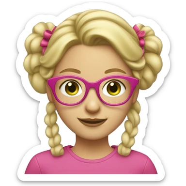 blonde girl in pink glasses, hairstyle in two bunches on her head. She has green eyes, a beautiful smile sticker