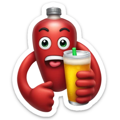 A red heart ❤️ with eyes, a mouth, and hands, looking drunk, holding a drink bottle, with a wobbly and tipsy expression. sticker