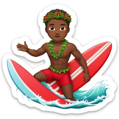 Dark muscular surfer riding big wave wearing red shorts and a head leaf lei and shell necklace sticker