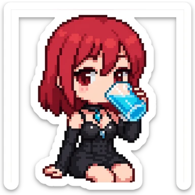Make the character more chibi with red cherry hair instead of red curly hair, keep the goth style, and depict her drinking water. The style should be pixel art with no background. sticker
